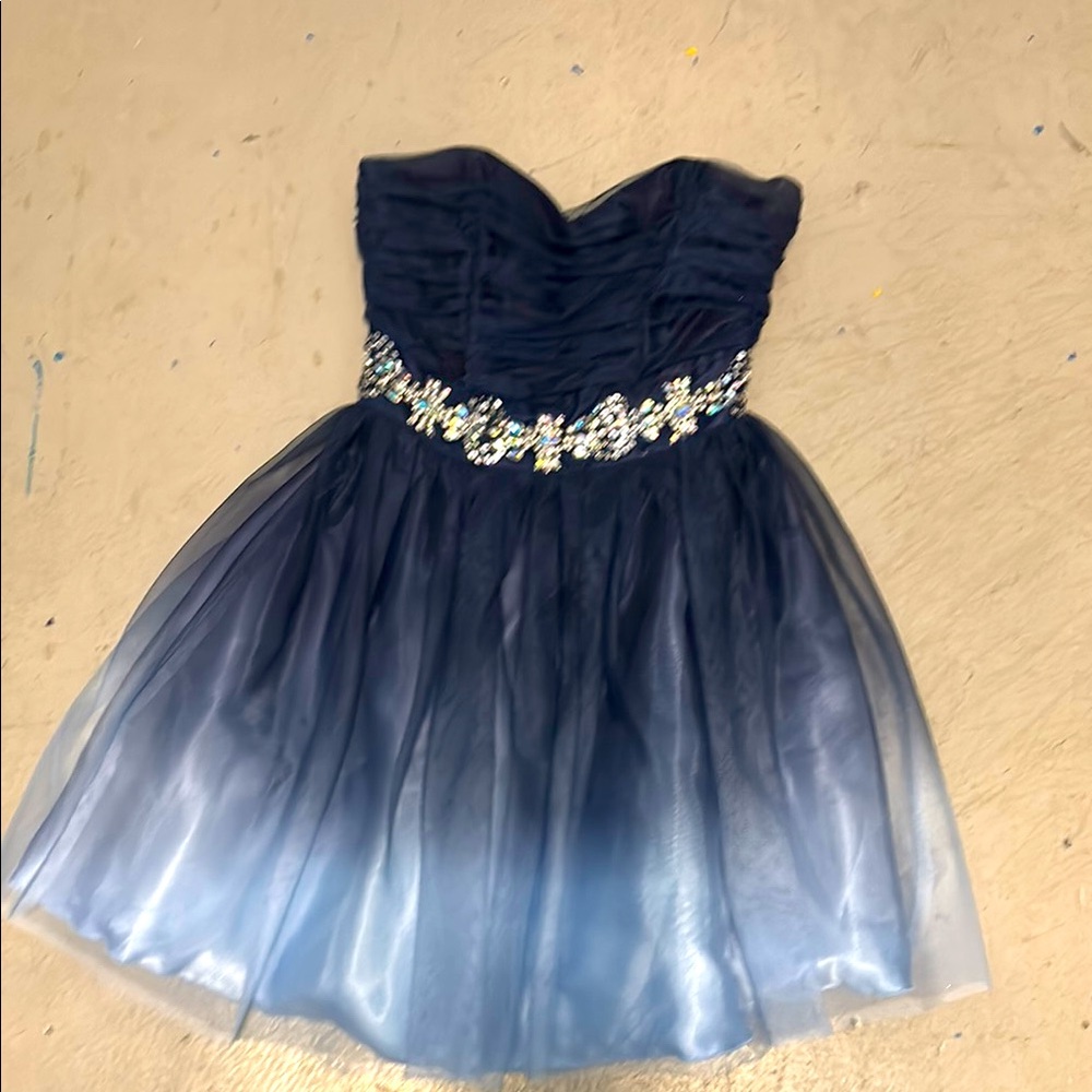 Blue Embellished Tiered Sweetheart Prom Dress
